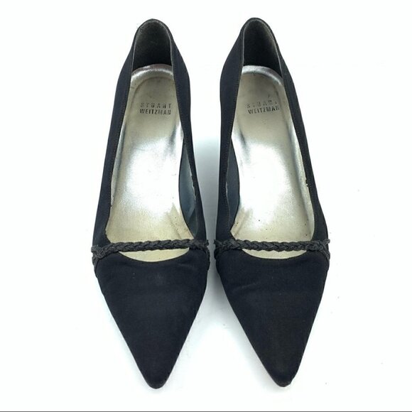 Stuart Weitzman heels sz 8 black silk pointy toe - Picture 2 of 11